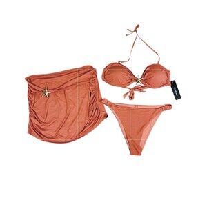 Bebe 3PC Bikini Set XL Apricot Coral Starfish Bandeau Top Bottom + Sarong NWT